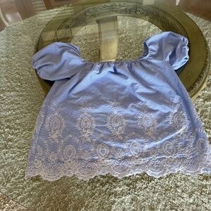 Charlotte Russo Embroidered Top M Women's Blue White Boho Blouse Short Sleeve